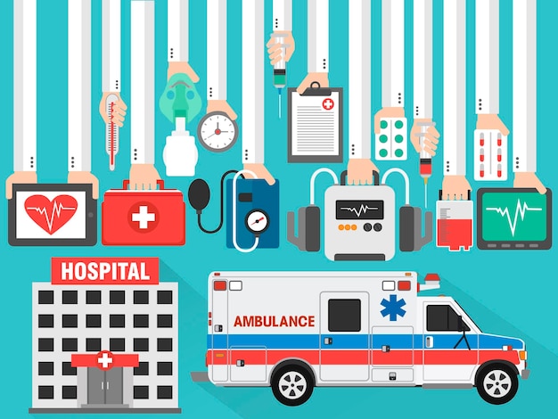 Diseño de concepto plano médico con hospital y ambulancia Ilustración vectorial