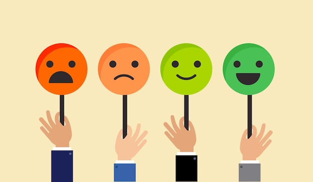 Diseño de concepto de retroalimentación, emoticonos, emoji y sonrisa, escala de emociones