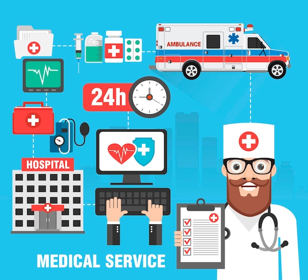 Diseño de concepto de servicio médico plano Icono de conjunto médico con médico ambulancia Antecedentes médicos Ilustración vectorial