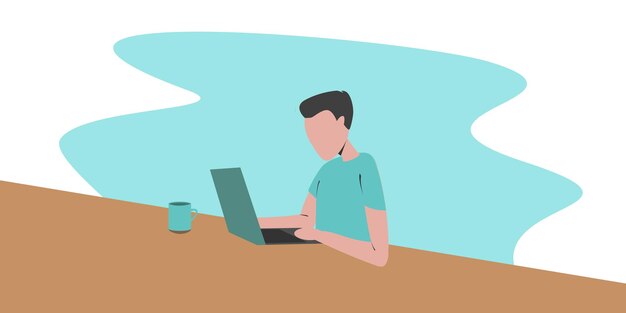 Diseño de concepto de trabajo en casa. Hombre independiente que trabaja en la computadora portátil en su casa, vestido con ropa de casa. Ilustración de vector aislado sobre fondo blanco. Estudio en línea, educación