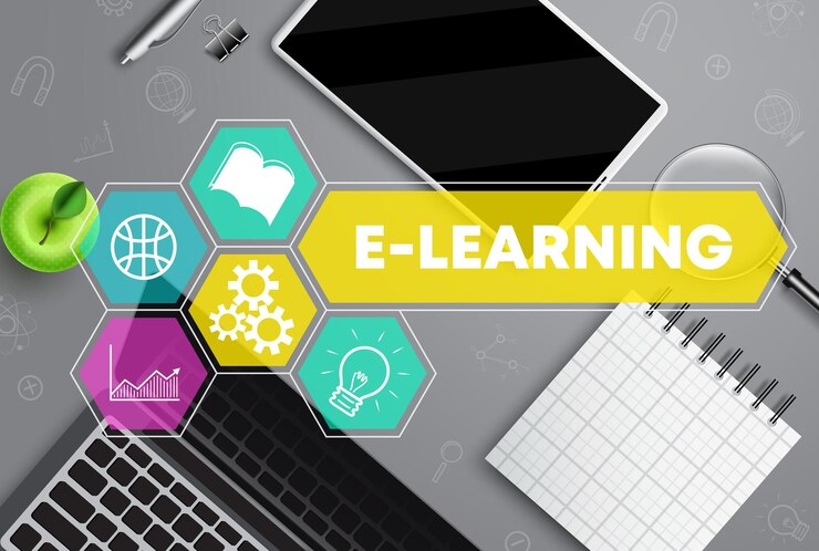 Vector diseño de concepto de vector de aprendizaje electrónico texto de aprendizaje electrónico con tableta portátil y estudio escolar de bloc de notas
