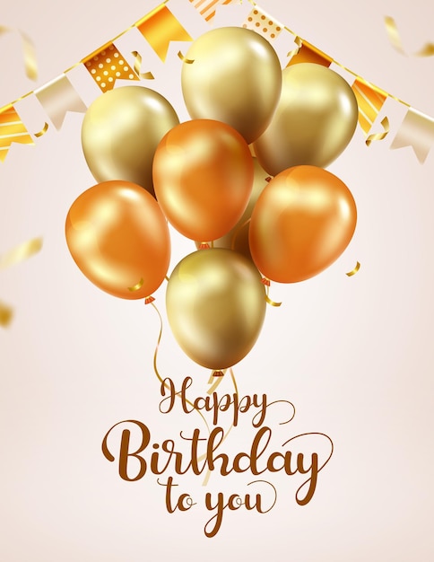 Diseño de concepto de vector de fiesta de cumpleaños Texto de feliz cumpleaños con manojo de globos flotantes
