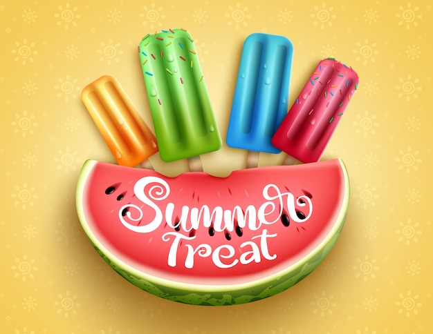 Diseño de concepto de vector de frutas y postres de verano texto de tratamiento de verano con sabores de paletas