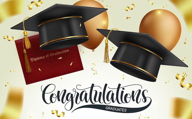 Diseño de concepto de vector de graduación Felicitaciones a los graduados texto en globos de gorra de birrete