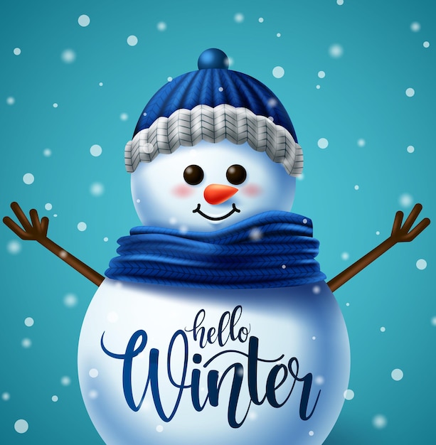 Diseño de concepto de vector de personaje de muñeco de nieve de invierno Hola saludo de invierno en espacio de bola de nieve para texto