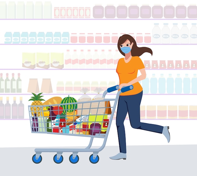 Vector diseño de concepto de vector de personaje de virus corona mujer personaje compras alimentos bienes pánico compra