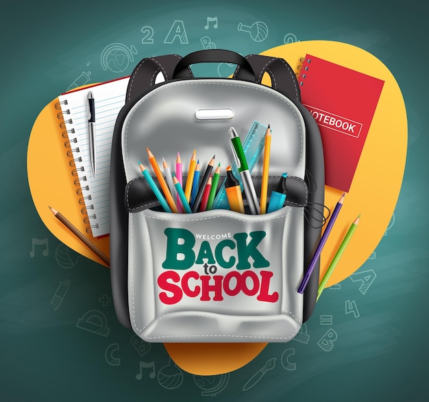 Diseño de concepto de vector de regreso a la escuela Texto de bienvenida de regreso a la escuela en elementos de mochila