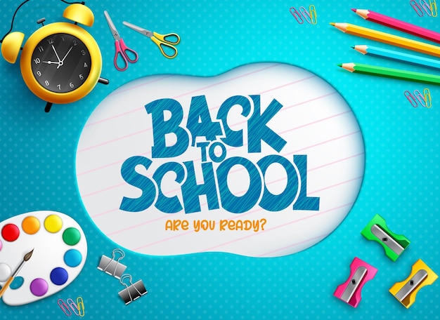 Diseño de concepto de vector de regreso a la escuela Texto de regreso a la escuela con elementos de aprendizaje de color de pintura