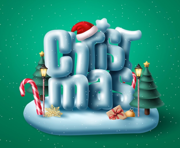 Diseño de concepto de vector de texto 3d de Navidad Tipografía de Navidad en isla de nieve con miniatura