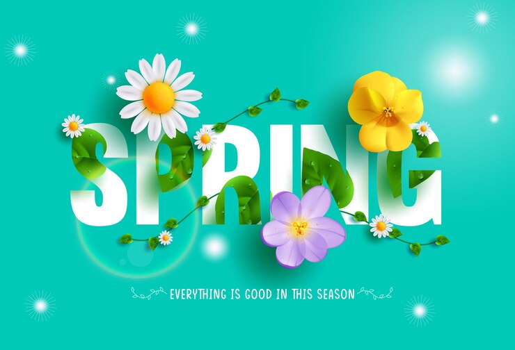Vector diseño de concepto de vector de texto de primavera. tipografía primaveral con hojas frescas, enredaderas y flores florecientes.