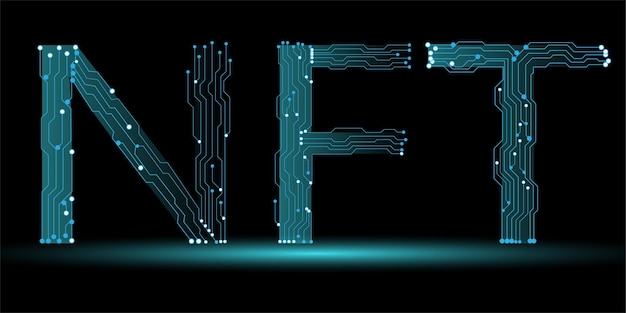 Diseño de concepto de vector de token no fungible NFT con placa de circuito para el futuro mundo empresarial de la economía