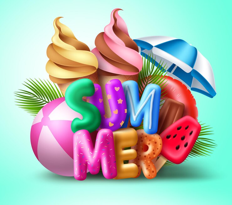 Vector diseño de concepto de vector de verano texto 3d de verano con elementos coloridos de playa como helado