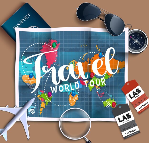 Diseño de concepto de vector de viaje. Viaja vive la vida al máximo en texto 3d con elementos de recorrido.