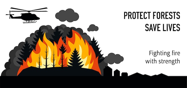Diseño conceptual de una bandera de un bosque en llamas con helicópteros de extinción de incendios silhueta de bosque