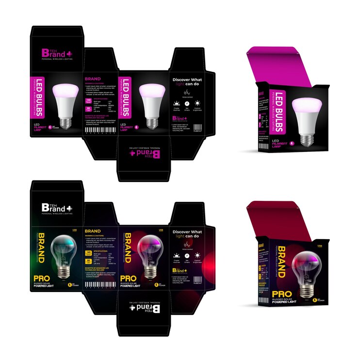 Vector diseño conceptual de cajas de embalaje impresibles y bombillas led con capas separadas organizadas