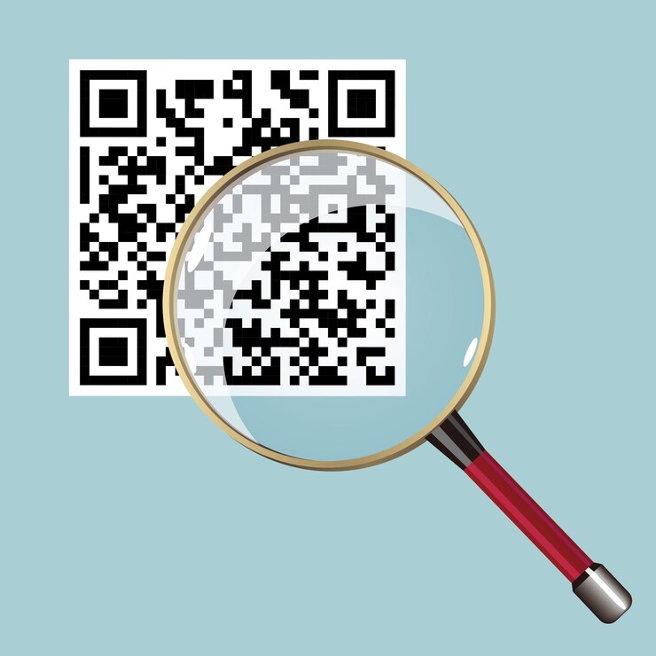 Vector diseño conceptual de código bidimensional, observado detenidamente con lupa.