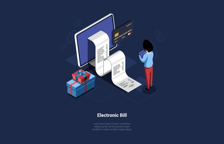 Vector diseño conceptual en estilo de dibujos animados 3d. ilustración de vector, composición isométrica. factura electrónica, sistema de pago en línea, servicio de comercio por internet. personaje de pie, infografías alrededor, orden web.