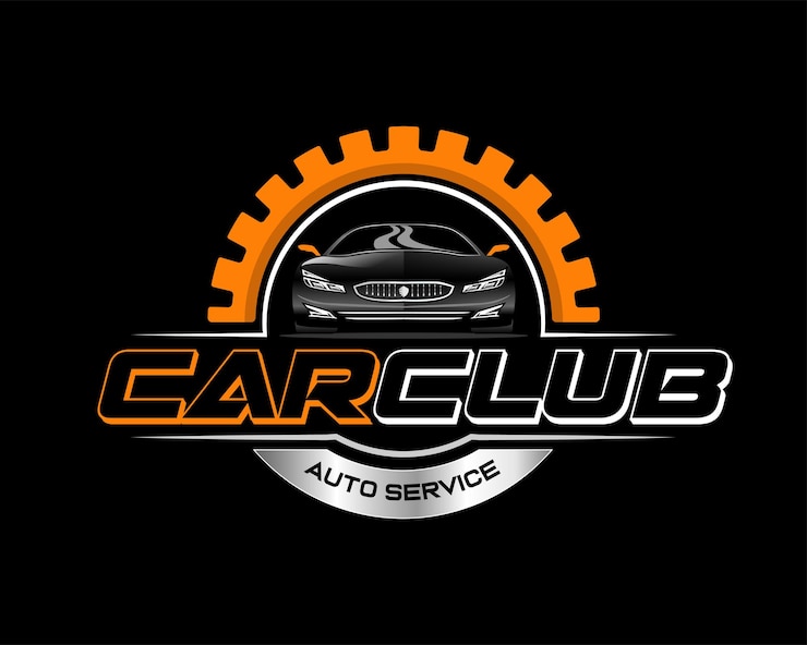 Vector diseño conceptual de logotipo de engranajes de automóviles con efecto metálico con fondo negro