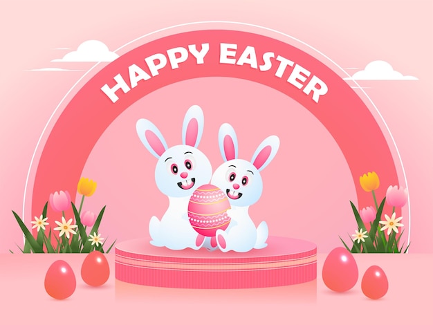 Diseño conceptual de podio de pedestal 3D de Feliz Pascua con huevos decorados, flores e ilustración vectorial de conejo