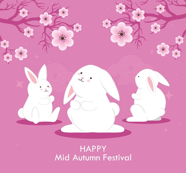 Diseño de conejos con flores, feliz festival de la cosecha de mediados de otoño chino oriental y tema de celebración