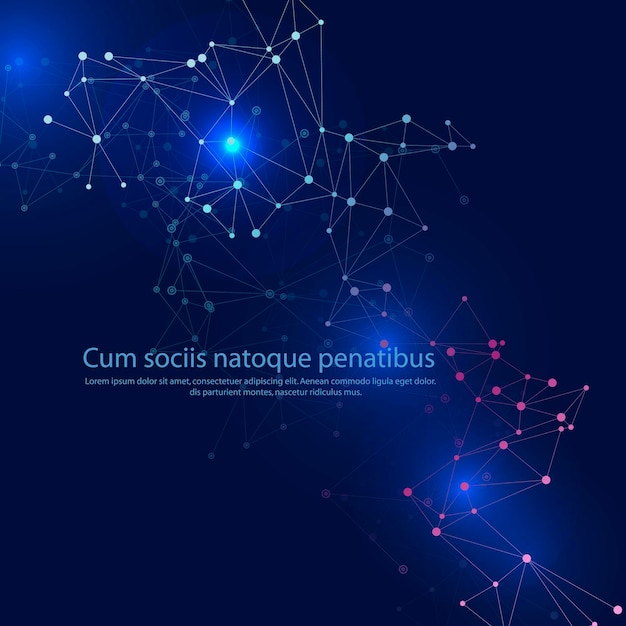 Diseño de conexión de comunicación global Puntos y líneas de comunicación brillantes punteados sobre fondo azul