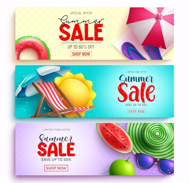 Diseño de conjunto de banner de vector de venta de verano Texto de venta de verano con descuento de oferta por tiempo limitado