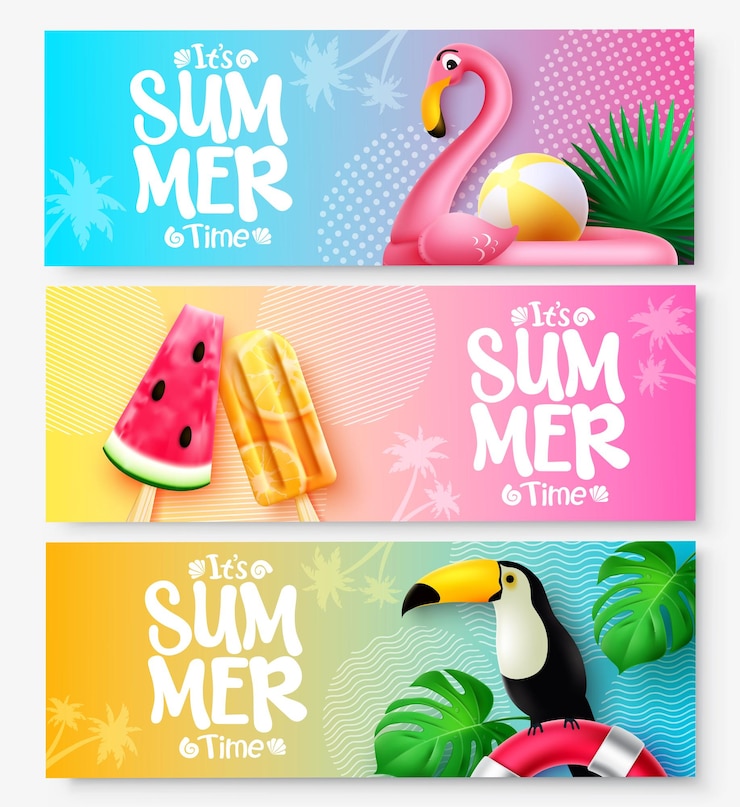 Vector diseño de conjunto de banner de vector de verano es texto de horario de verano en colores de fondo con tucán flamenco