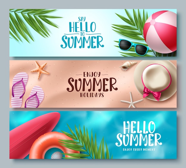 Vector diseño de conjunto de banner de vector de verano hola colección de verano con elementos de playa para la temporada tropical