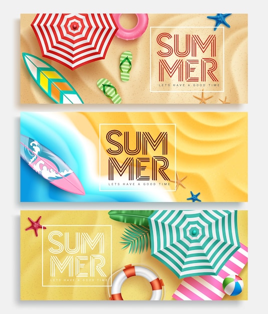 Diseño de conjunto de banner de vector de verano Texto de verano en decoración de marco con elementos de playa de arena