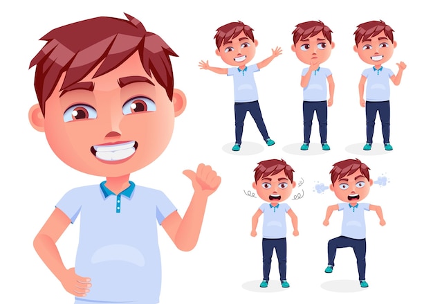 Diseño de conjunto de caracteres de vector de niño niño personajes de escuela masculina con pie sonriendo y gritando