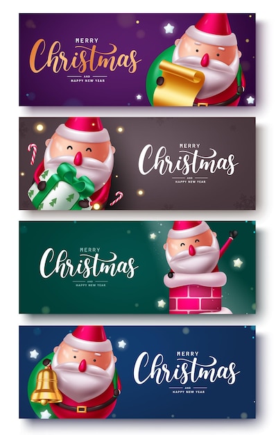 El diseño del conjunto de carteles de personajes de Santa Claus Feliz Navidad tarjeta de saludo de texto con divertido amistoso