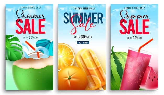 Diseño de conjunto de carteles de vector de venta de verano Texto de venta de verano con elementos de frutas y bebidas en limitado