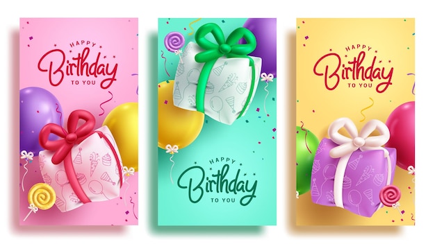 Diseño de conjunto de carteles vectoriales de felicitaciones de cumpleaños Texto de felicitación de aniversario feliz con regalo inflable