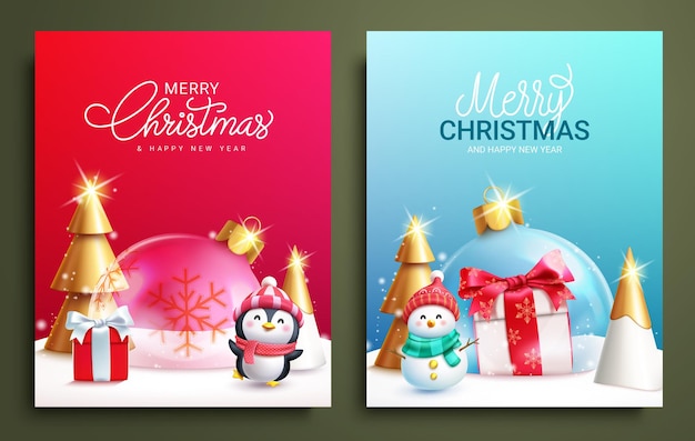 Diseño de conjunto de carteles vectoriales de texto navideño Feliz Navidad y feliz año nuevo tarjeta de felicitación con nieve