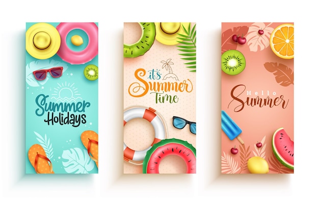 Diseño de conjunto de carteles vectoriales de verano Colección de texto de saludo de verano con sombrero flotante y frutas
