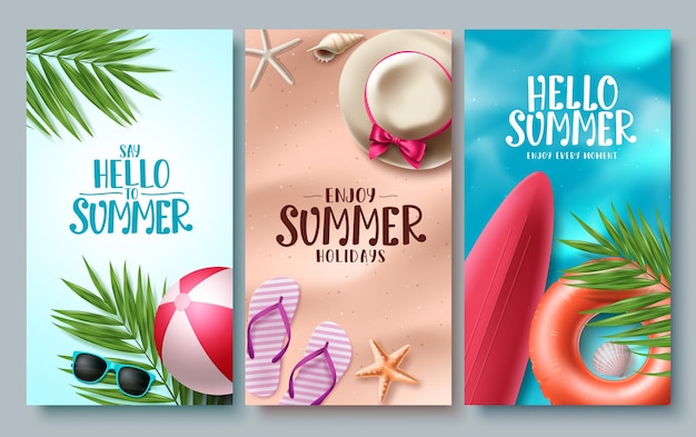 Diseño de conjunto de carteles vectoriales de verano Hola colección de texto de saludo de verano con elementos de playa