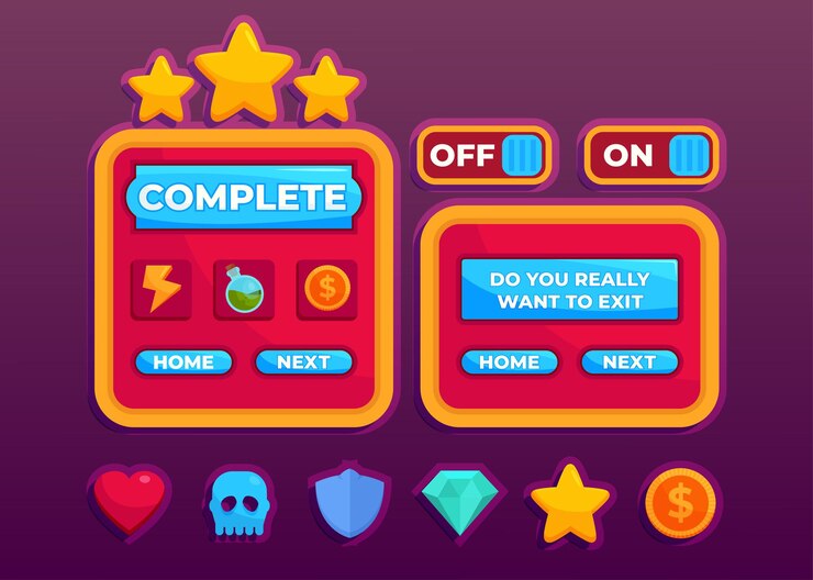 Vector diseño para un conjunto completo de elementos emergentes, iconos, ventanas y elementos emergentes del juego de botones de puntuación para crear videojuegos de rol medievales