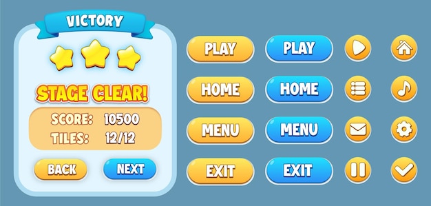 Diseño para un conjunto completo de ventanas emergentes, iconos y botones de la escena del menú Score con efecto de texto editable.