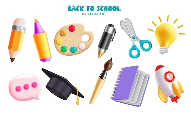 Diseño de conjunto de elementos vectoriales de regreso a la escuela Suministros educativos escolares y artículos aislados en blanco