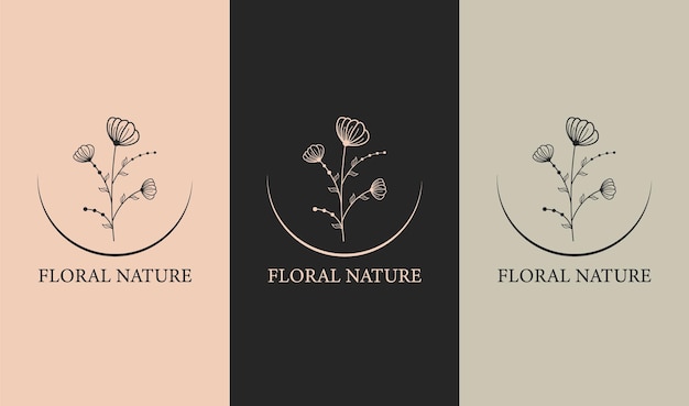 Vector diseño de conjunto de estilo floral de logotipo de corona de hoja dibujada a mano de naturaleza