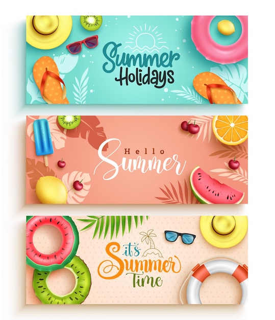 Diseño de conjunto de fondo de vector de verano Texto de saludo de verano con flotador de frutas y hojas tropicales