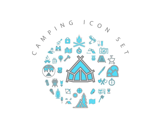 Diseño de conjunto de iconos de camping plano