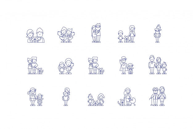 Diseño de conjunto de iconos de dibujos animados familiares aislados