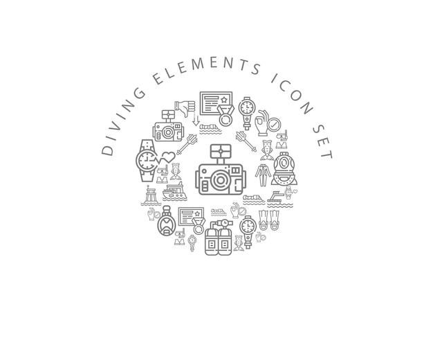 Diseño de conjunto de iconos de elementos de buceo