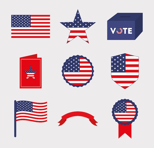 Diseño de conjunto de iconos de estados unidos y voto, tema de campaña y gobierno de elección de presidente