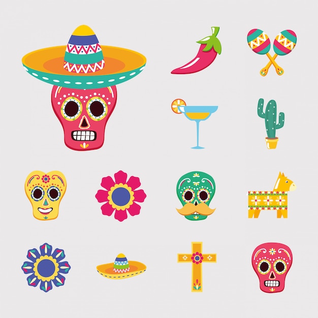 Diseño de conjunto de iconos mexicanos aislados