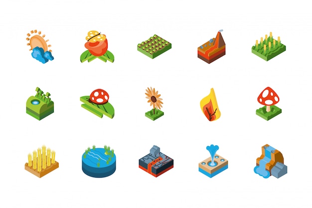 Diseño de conjunto de iconos de naturaleza isométrica aislado