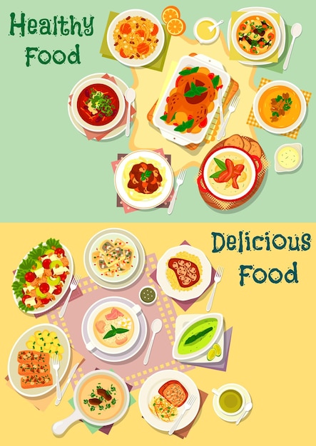 Diseño de conjunto de iconos de platos de carne, pescado y champiñones