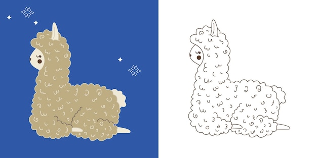 Diseño de conjunto de ilustración de dibujos animados lindo Llama sentado aislado en vector de fondo blanco y azul