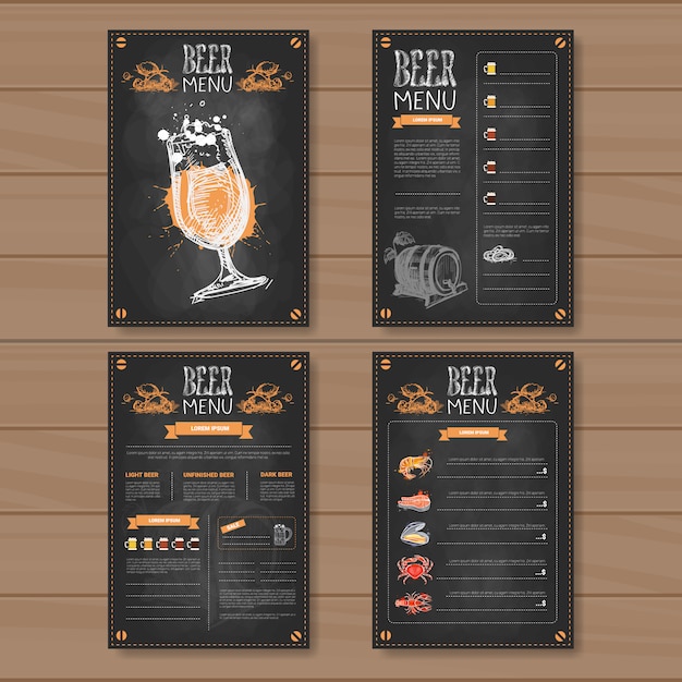 Vector diseño de conjunto de menú de cerveza para restaurante café pub tiza